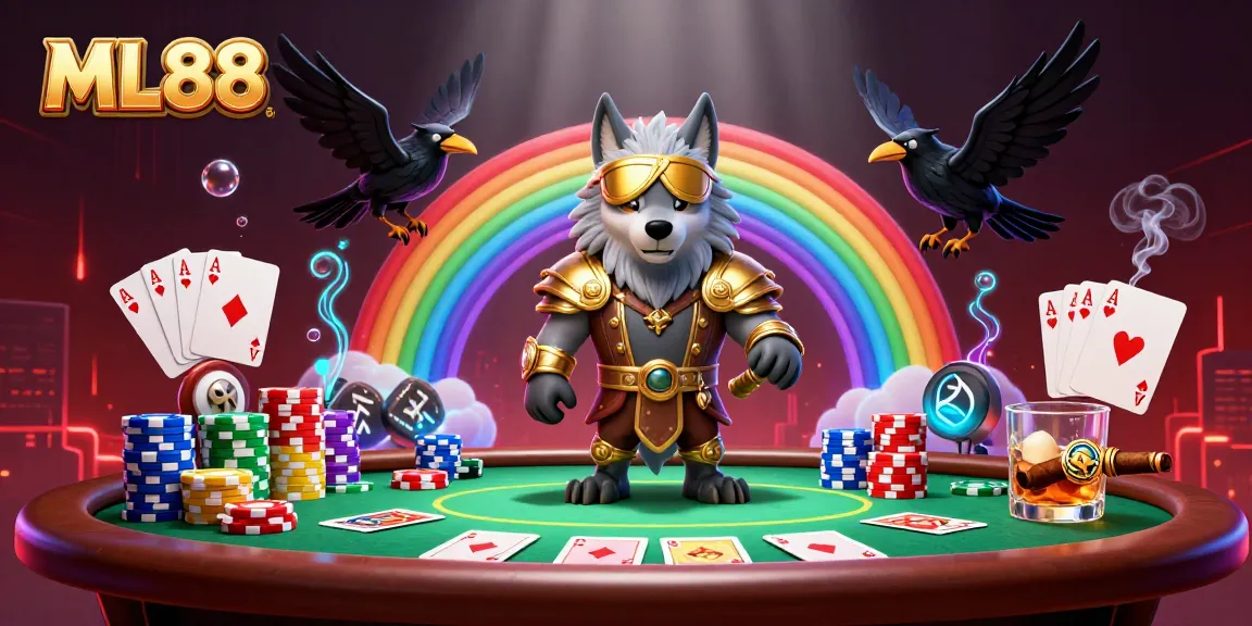 Engage with ML88 by playing poker with Odin and ravens amid casino chip bridges.
