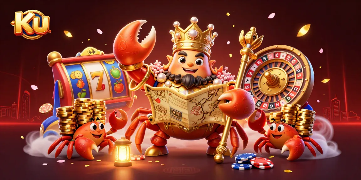 Engage with Ku at an exhilarating casino scene featuring a golden crab emperor and vibrant gaming elements.