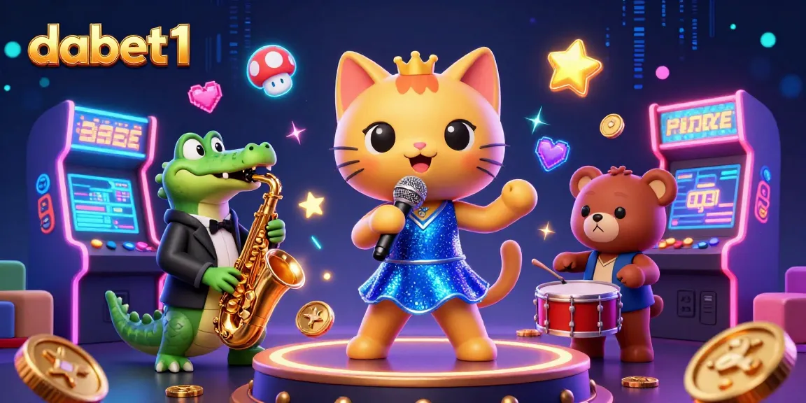 Dabet1 offers thrilling gaming with a lively jazz-singer cat and vibrant casino elements.