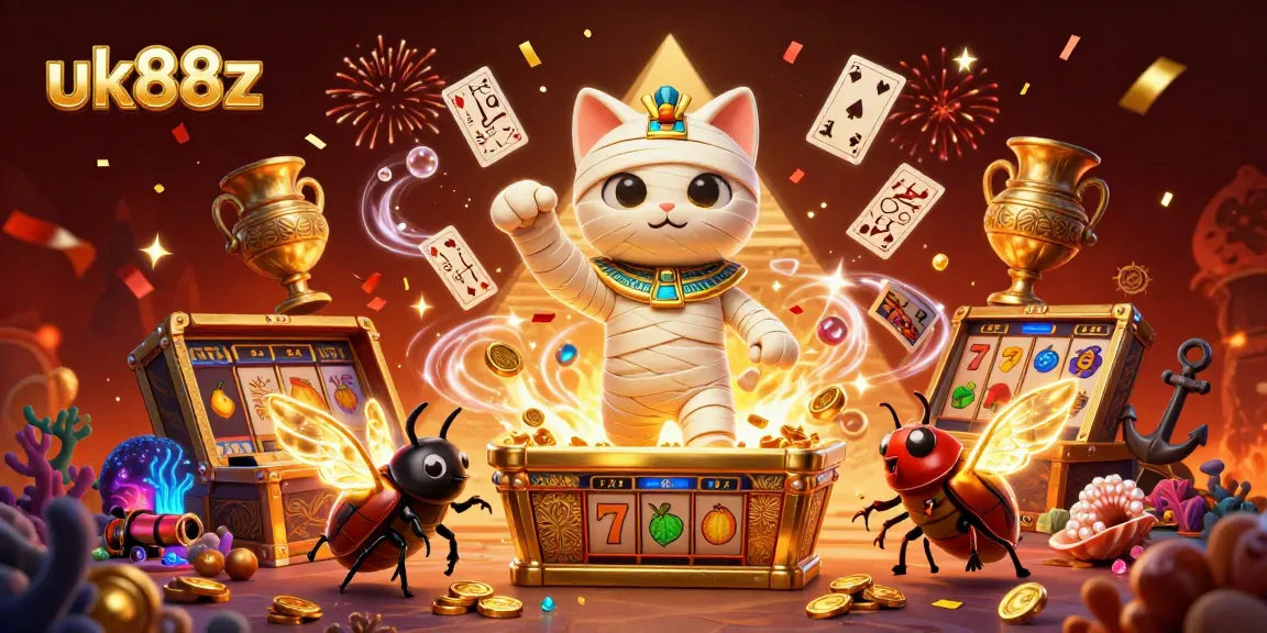 uk88z showcases a thrilling pyramid casino scene featuring a mummy cat and gaming elements.