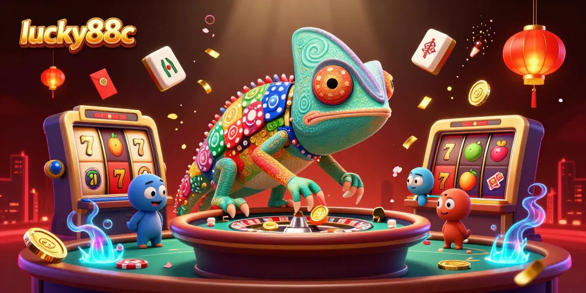 Engage with lucky88c's vibrant casino scene featuring a colorful chameleon owner amidst slot reels.