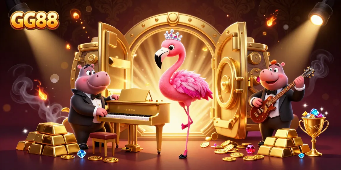 GG88 showcases vibrant casino energy with colorful characters and treasure elements.