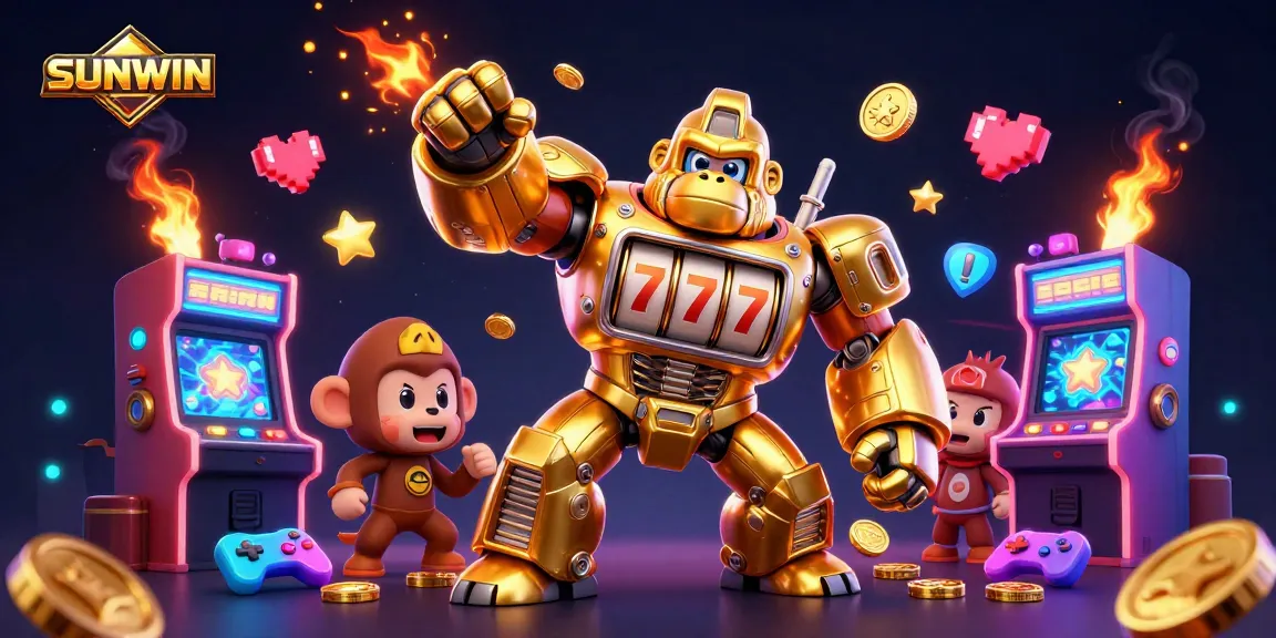 SUNWIN action-packed illustration featuring a golden gorilla mech with slot machine elements and coins exploding.