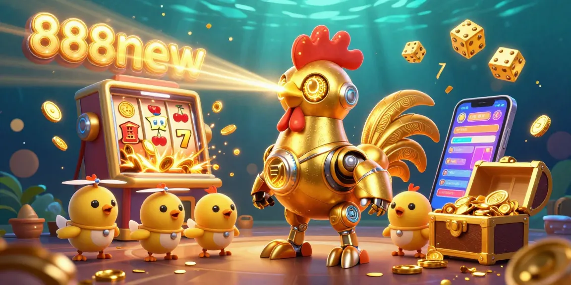 Engage in the thrilling world of 888new with a dynamic 3D casino illustration featuring a golden rooster robot and exciting gaming elements.