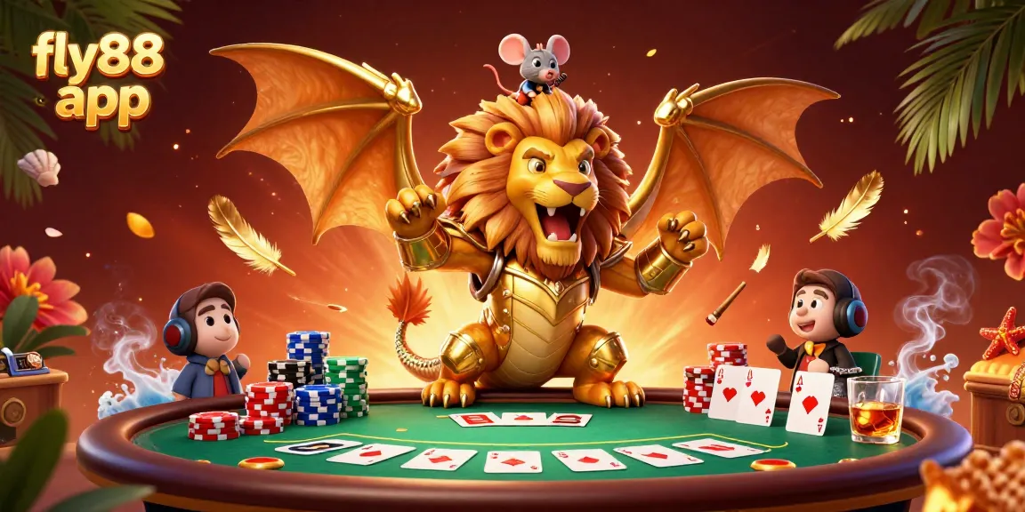 Engage with the fly88 app in a vibrant poker scene featuring a roaring chimera and rich casino elements.