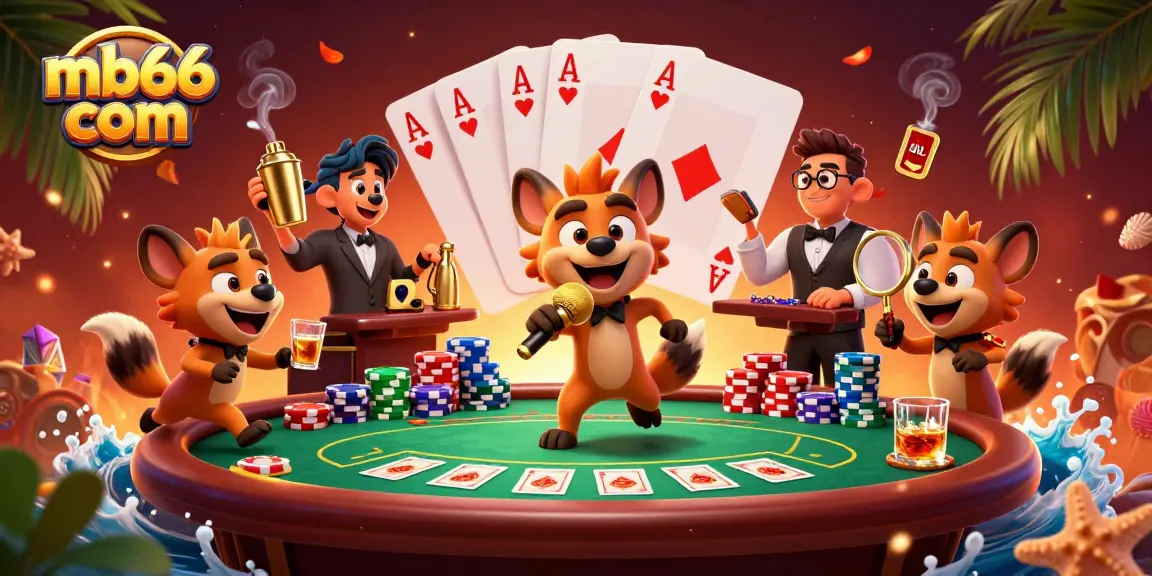 Engage in gaming at mb66 com with lively cartoon hyenas in a vibrant casino scene.
