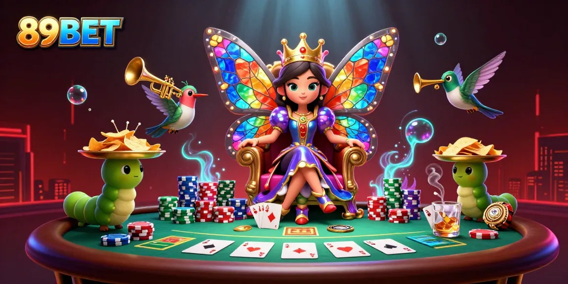 Win big at 89BET with dynamic gambling elements, including a poker table and vibrant characters.