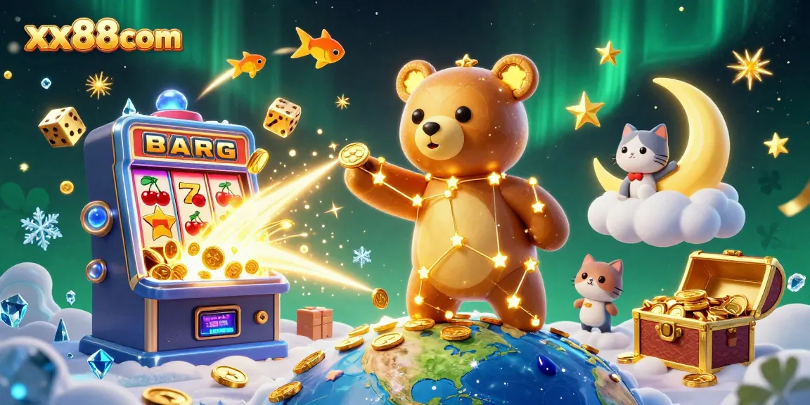 Win big at xx88com with a dynamic scene featuring golden constellation bear and casino elements.