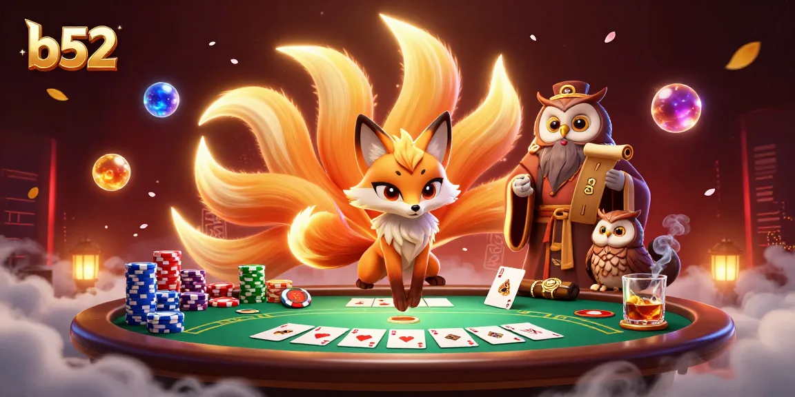 B52 players enjoying poker with vibrant characters and rich casino elements in a magical setting
