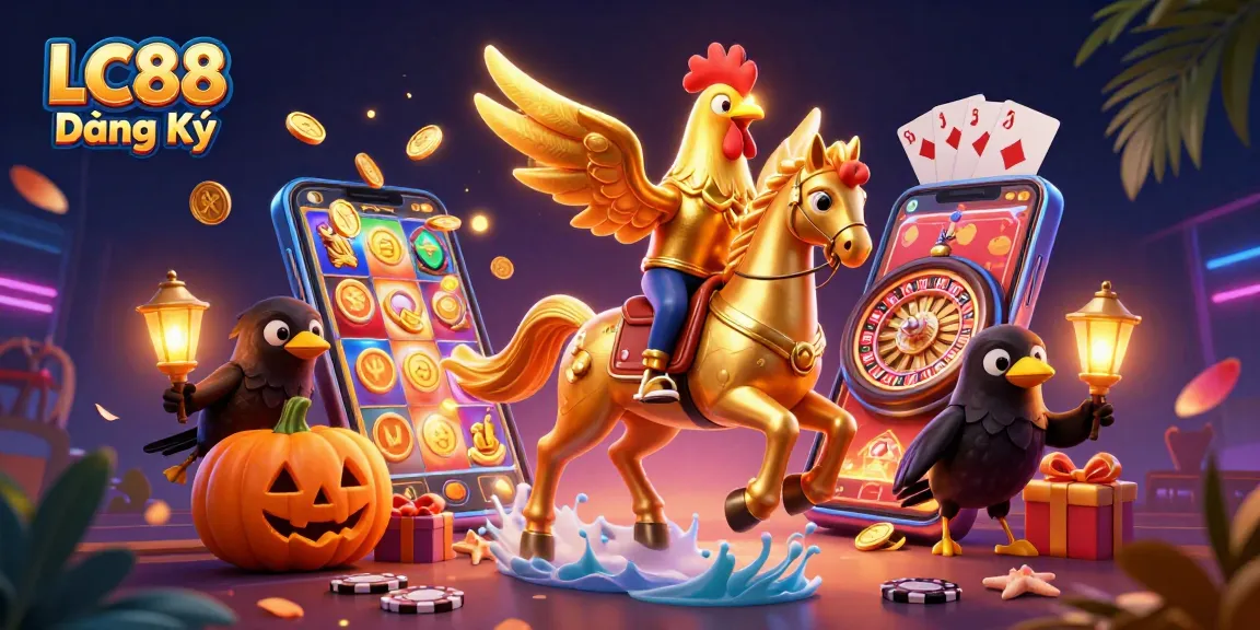 Experience the excitement of LC88 Đăng Ký with golden rooster characters in a vibrant casino scene.