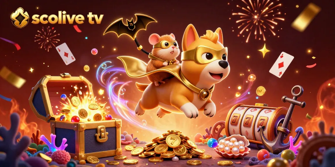 Socolive tv showcases a vibrant gambling adventure with a superhero dog and hamster collecting gold in an underwater casino.