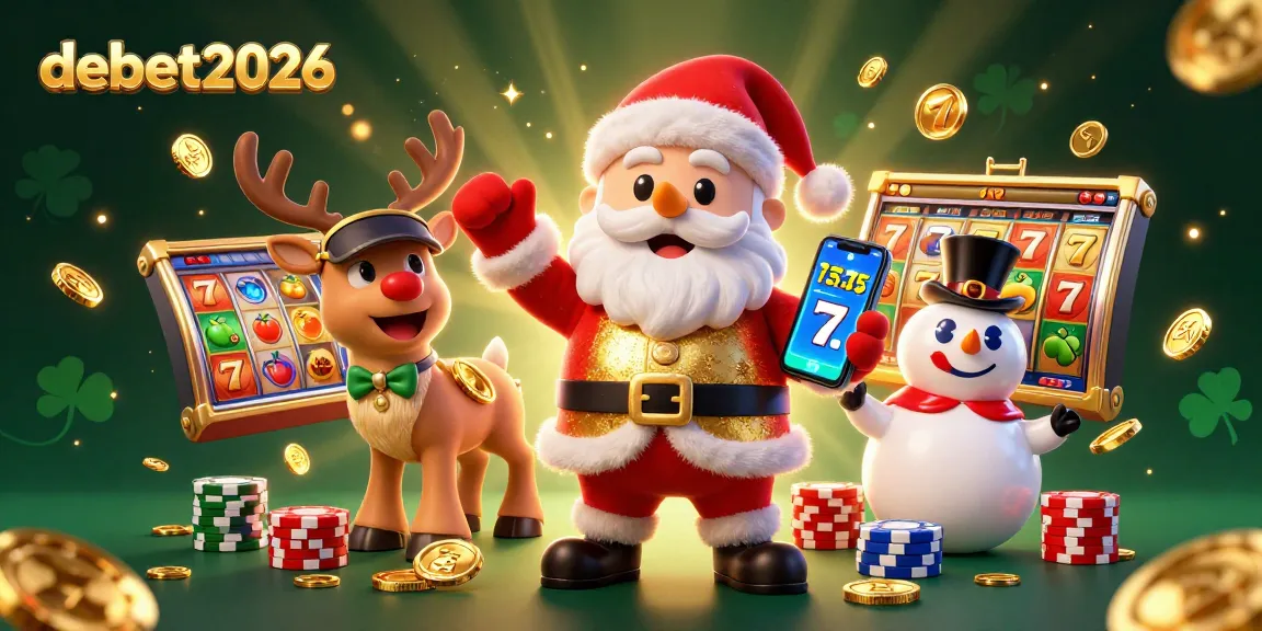 Experience jackpot excitement with debet2026 in a dynamic, festive casino scene featuring Santa and friends.
