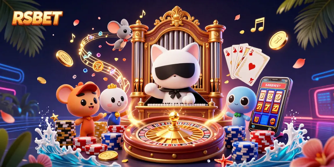 Engage in thrilling games at RSBET, surrounded by floating golden coins and an acrobatic mouse.