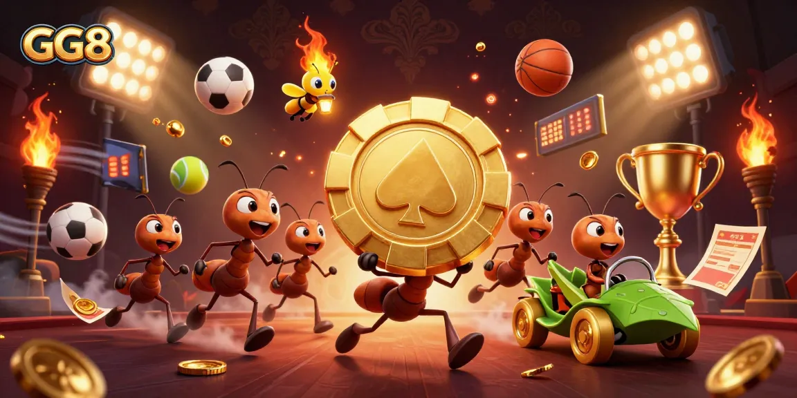 Experience the excitement of GG88 with a dynamic 3D illustration featuring ants and a golden poker chip.