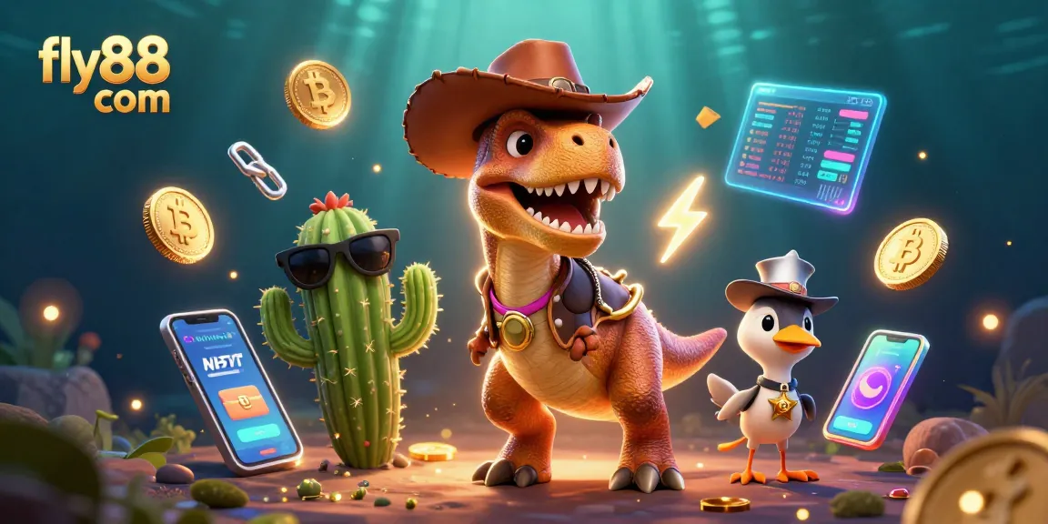 Experience thrill at fly88 com with lively gaming characters, vibrant crypto elements, and captivating casino atmosphere.