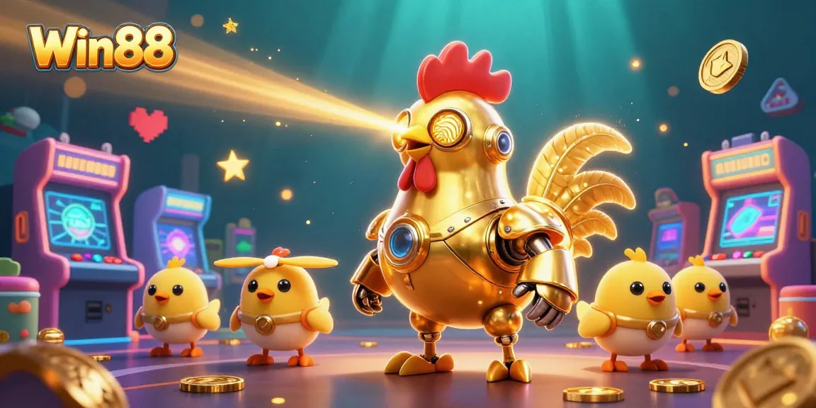 Experience thrilling gameplay at Win88 with a dynamic 3D illustration of casino elements and characters.