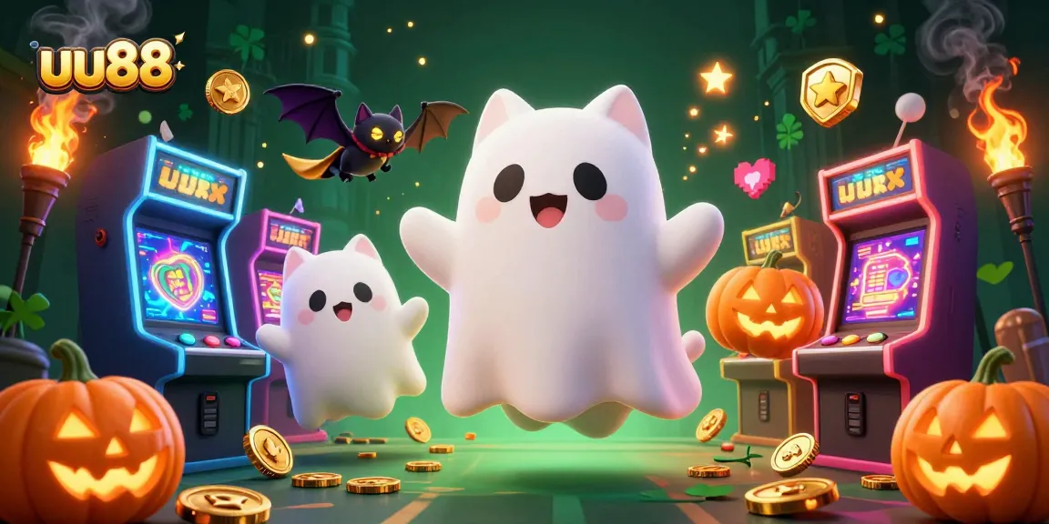uu88 ghost cat interacts with animated slot machines in a vibrant casino scene