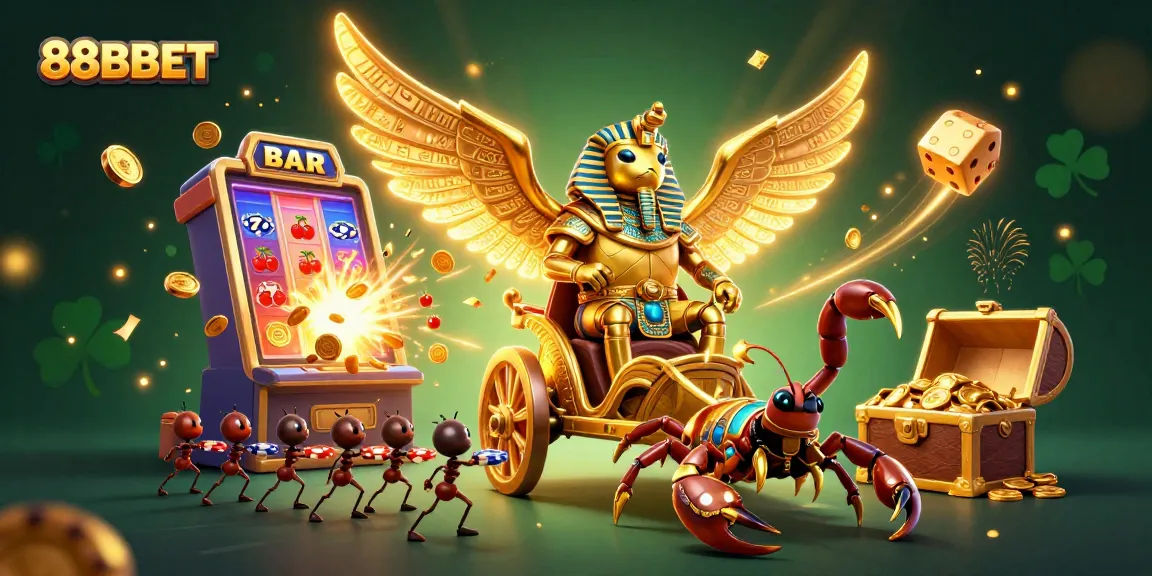 Experience the excitement of 88BBET's gaming world with a vibrant illustration of a golden scarab and jackpot.