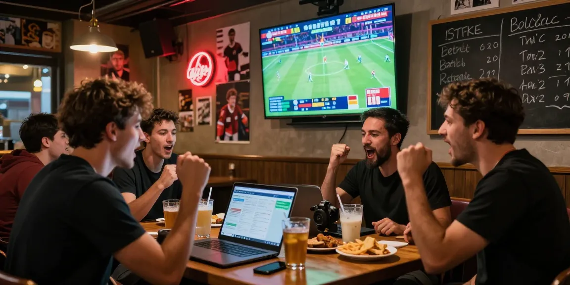 Bongdata provides real-time football updates and betting insights as fans celebrate in a lively sports bar.