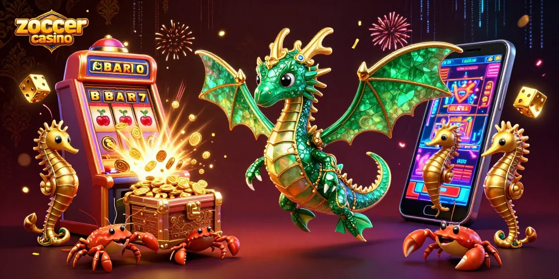 Zoccer casino showcases vibrant 3D illustration featuring a majestic sea dragon, slot machine, and treasure-filled treasure chest.