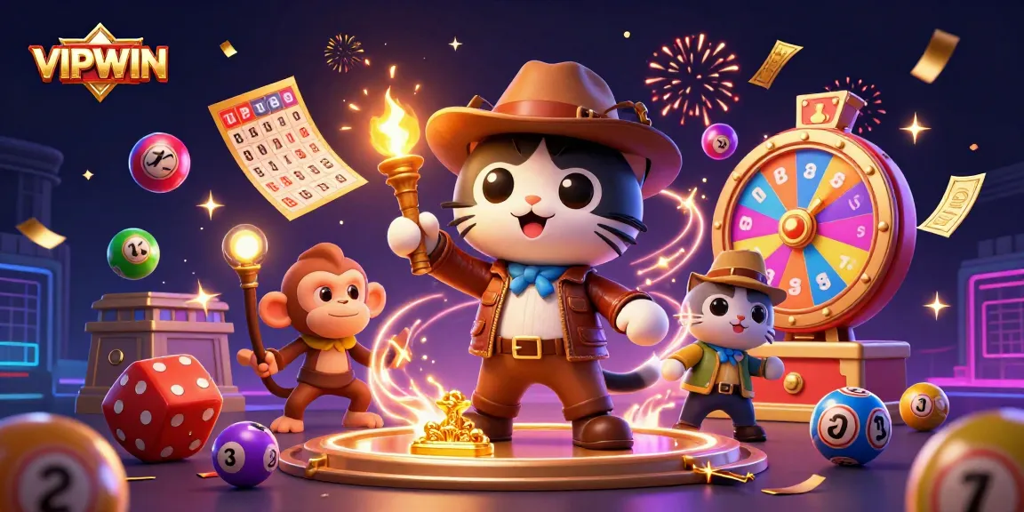 Experience excitement with VIPWIN as a cartoon cat uncovers golden casino treasures amidst vibrant celebrations.