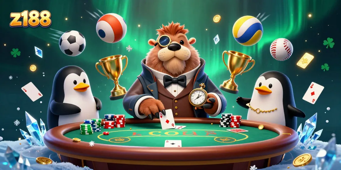 Experience thrilling gaming with z188 as a jolly walrus plays poker underwater surrounded by dazzling elements.