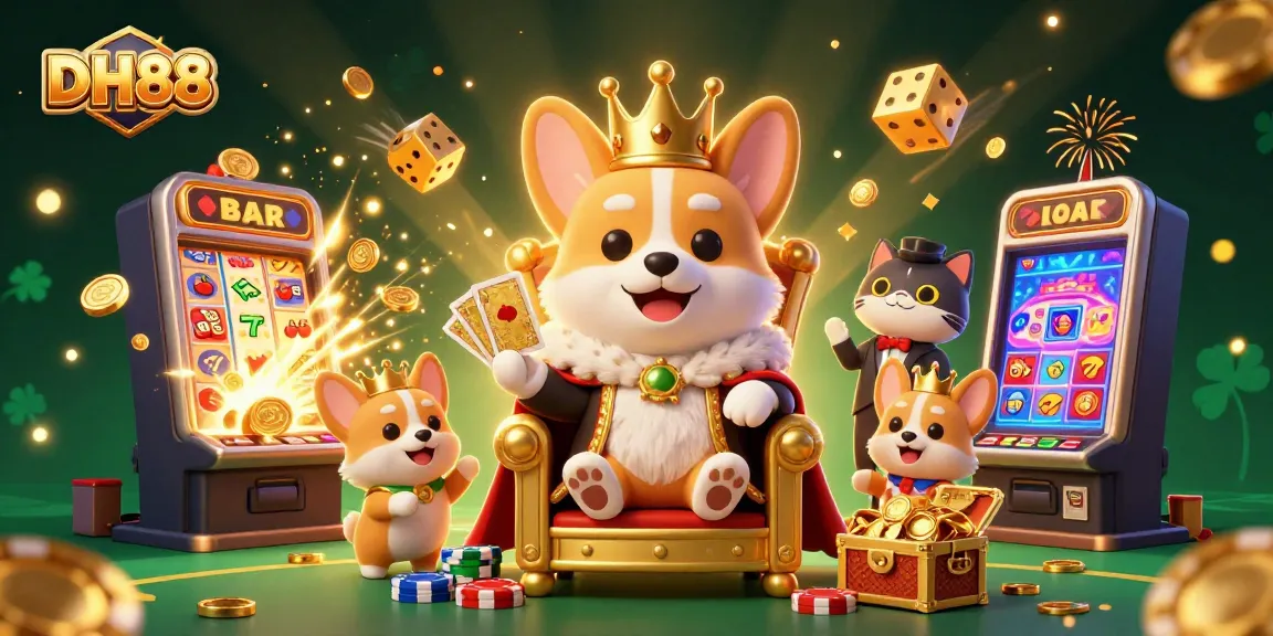 DH88 royal corgi commands a jackpot scene with vibrant casinos, where luck and excitement meet