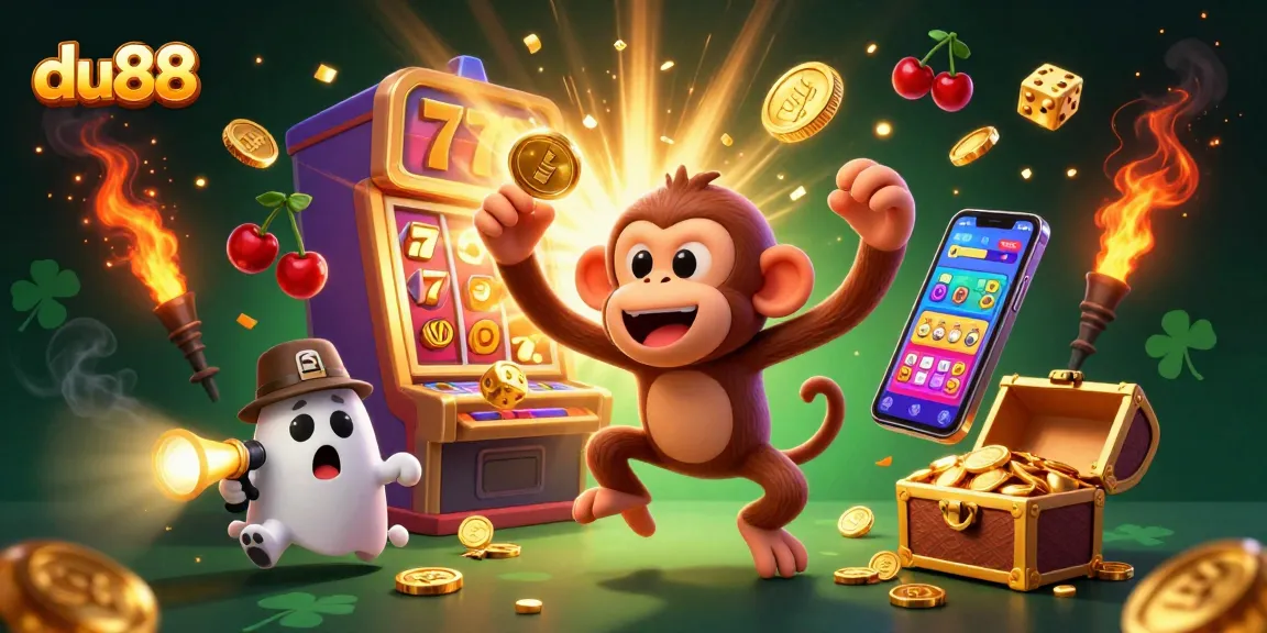 Engaging illustration of du88 featuring a golden juggling monkey and a curious puppy in a lively casino scene.