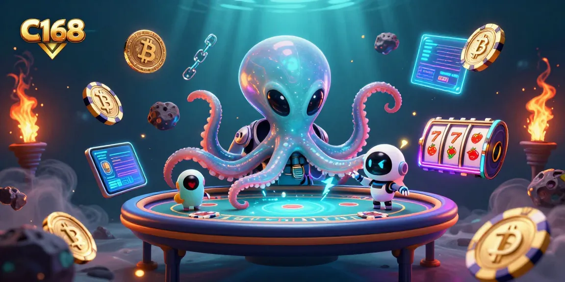 Engage in the vibrant C168 gaming scene with an alien octopus and crypto symbols at a poker table