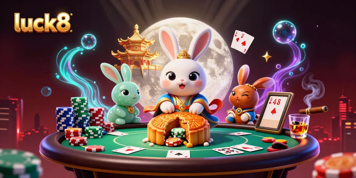 Experience gaming excitement at luck8 with a whimsical moon rabbit playing poker amidst vibrant casino elements.