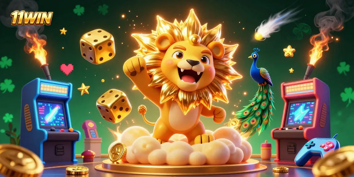 Engage with the vibrant world of 11WIN featuring a roaring sun lion and golden dice in a captivating casino scene.