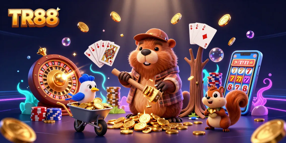Experience thrilling gameplay at TR88 with a cartoon beaver and friends amidst flying golden coins and a vibrant casino atmosphere.
