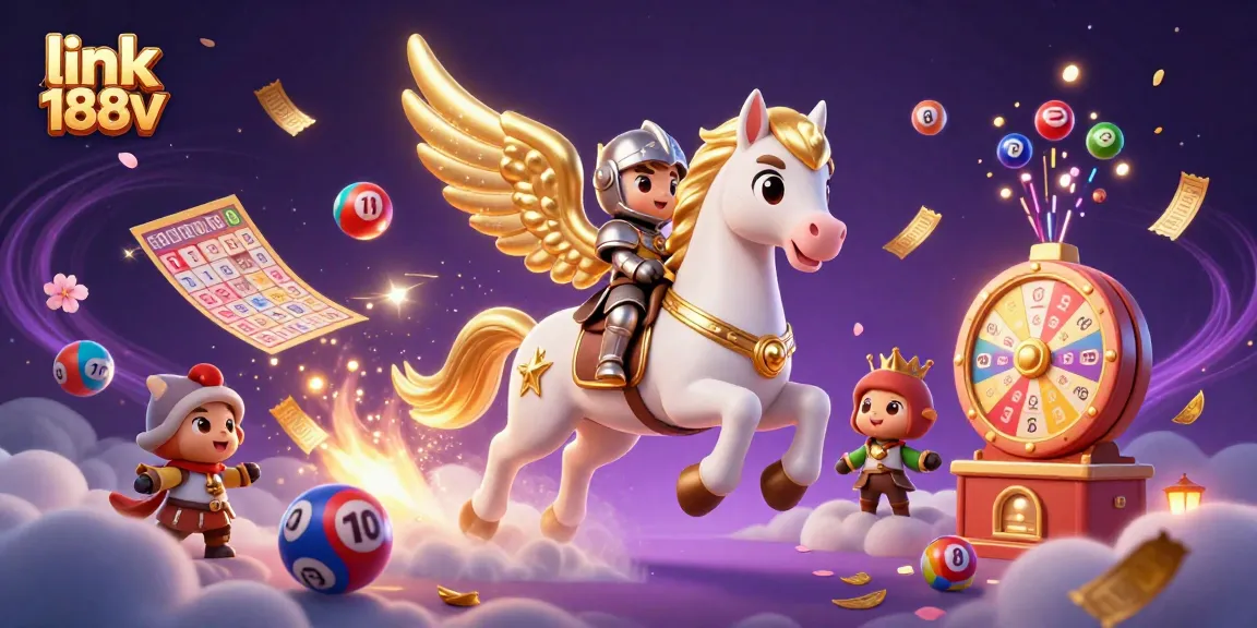 Engage with link 188v in a vibrant 3D illustration showcasing dynamic lottery and bingo elements with a celestial theme.