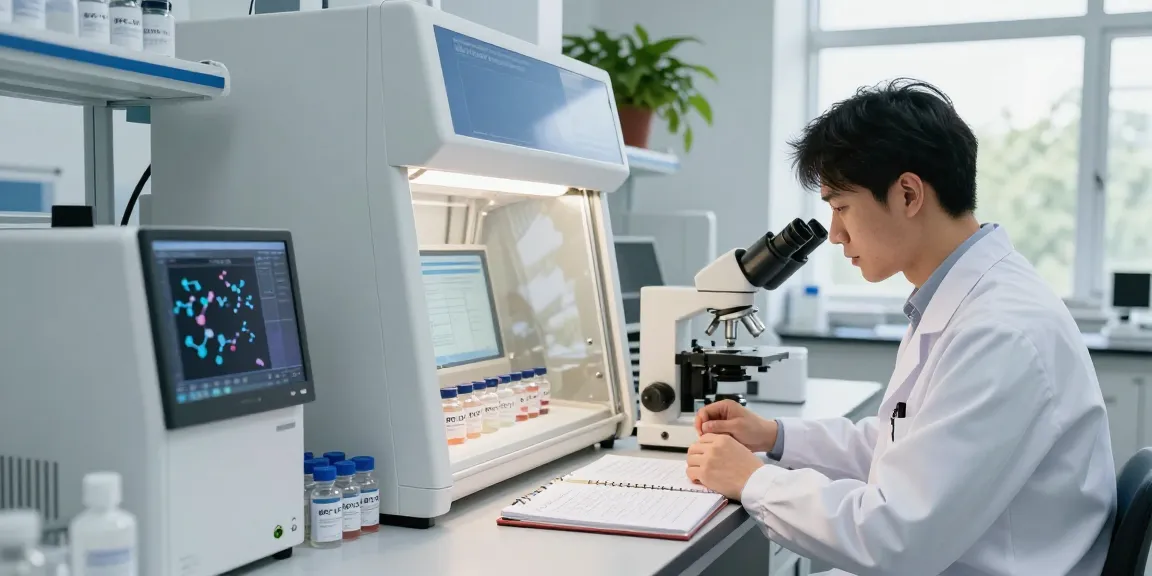Researcher examining BPC-157 samples in a modern lab setup at https://koipeptidescanada.com/bpc-157-canada, showcasing lab equipment and study documentation.