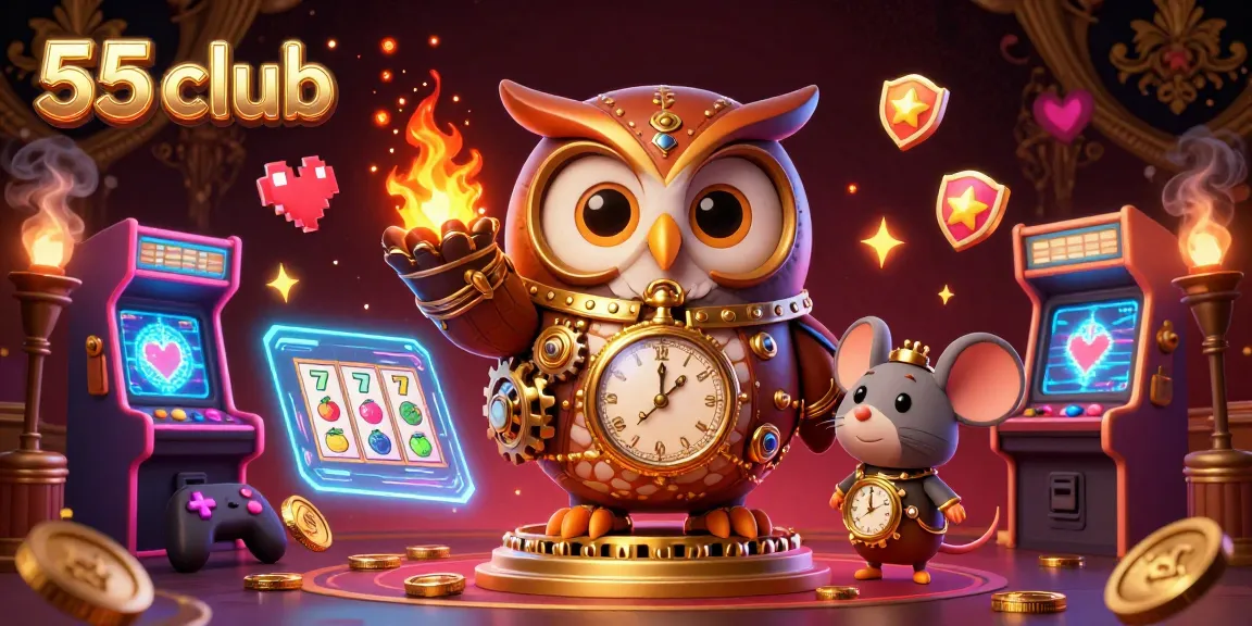 Engaging 3D illustration of 55 club featuring a time-traveler owl with vintage casino elements and colorful arcade games.