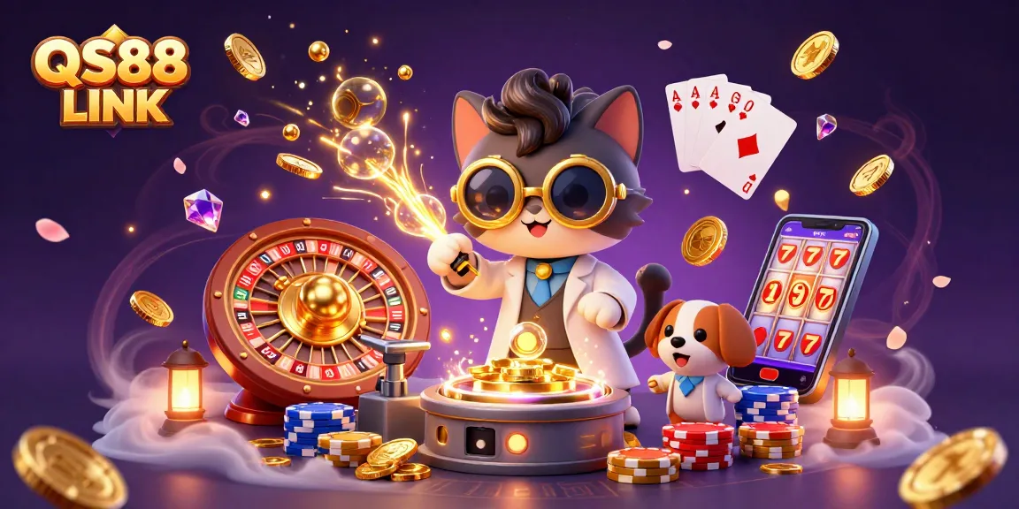 Experience the excitement of gambling with QS88 LINK, featuring dazzling coins, colorful poker chips, and dynamic casino elements.