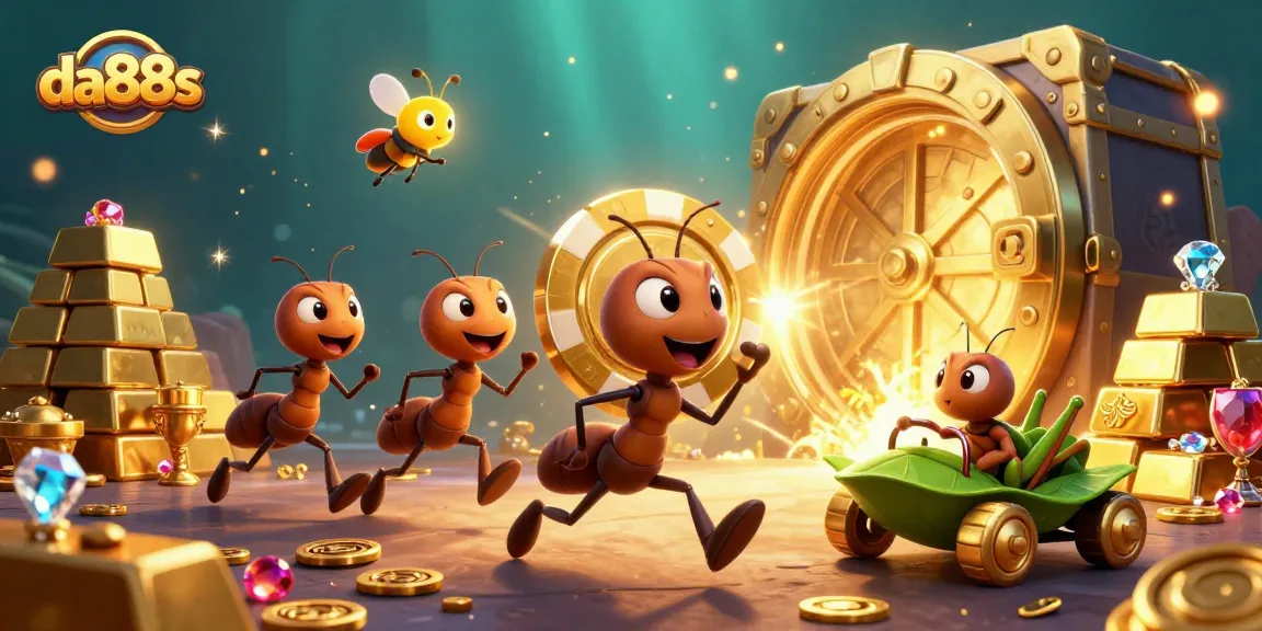 da88s team of ants conducting a casino heist, surrounded by treasures and gold