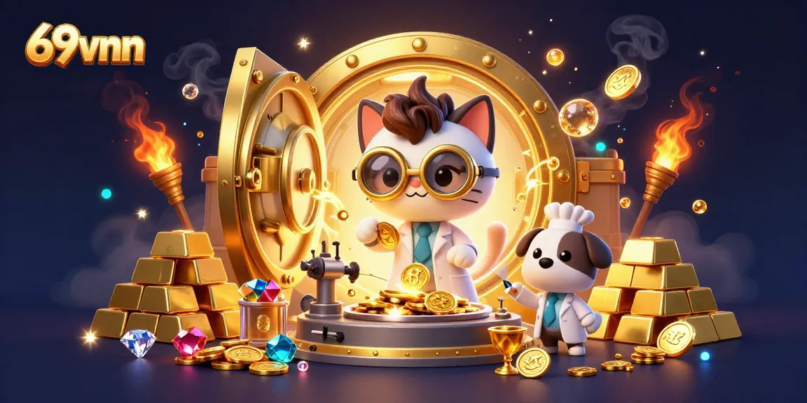 Experience the thrill with 69vnn in a vibrant 3D casino world filled with gold and excitement.