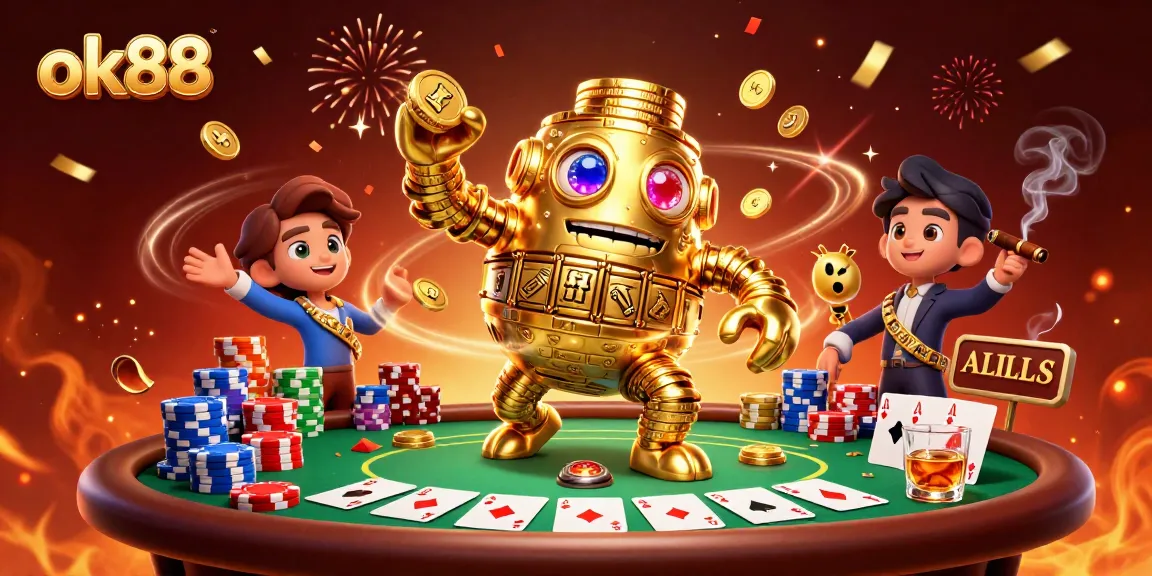 Engage with thrilling casino action at ok88 featuring a golden golem and poker elements.