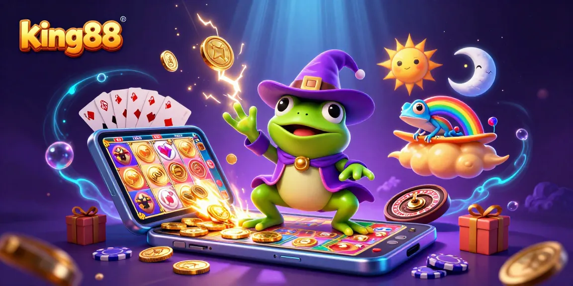 Experience king88's exciting gaming moments with vibrant 3D characters and casino elements.
