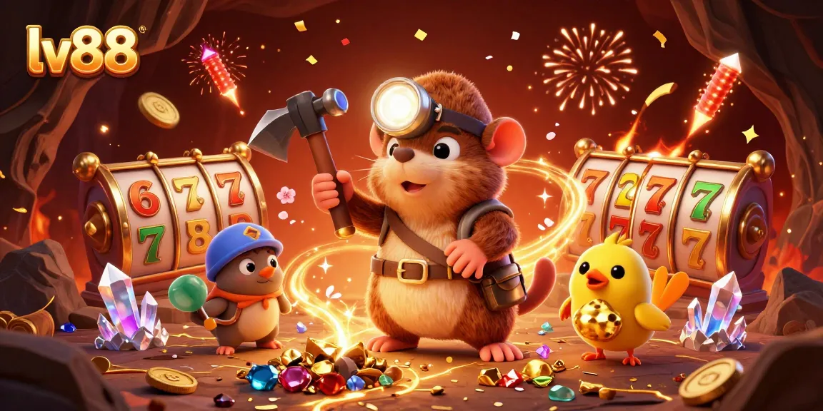 Spin lucky slots at lv88 with treasure hunter mole and dynamic casino elements in a captivating scene.