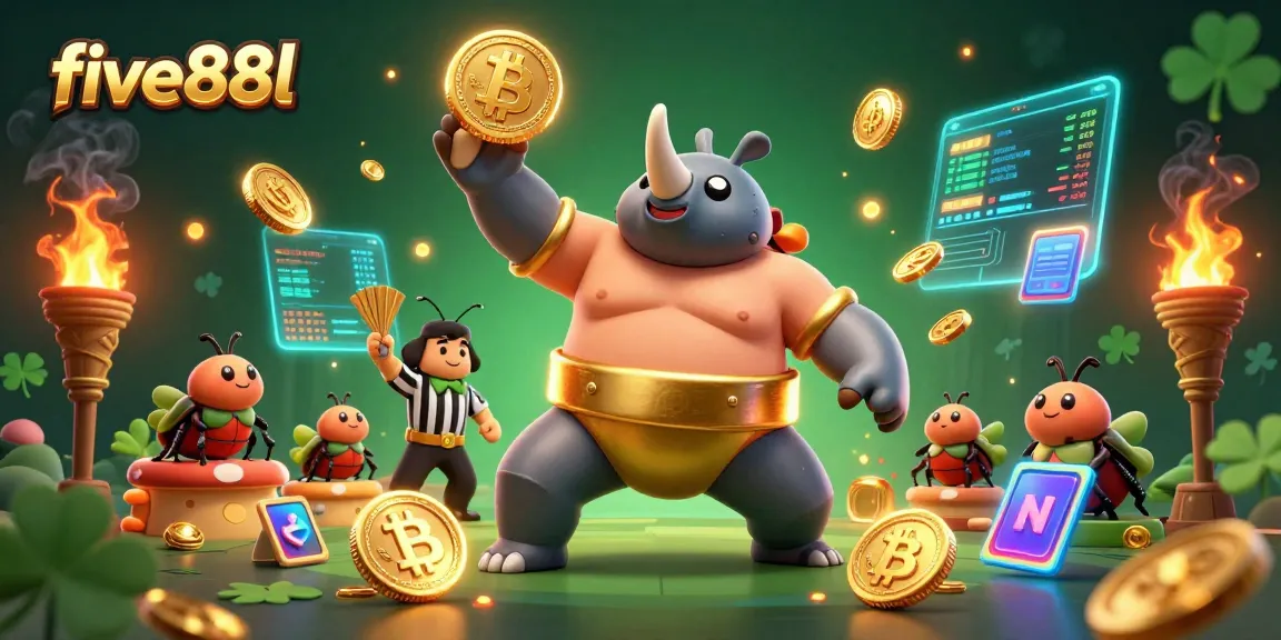 Experience exciting gaming action at five88l with our vibrant 3D casino illustration showcasing dynamic characters and crypto elements.