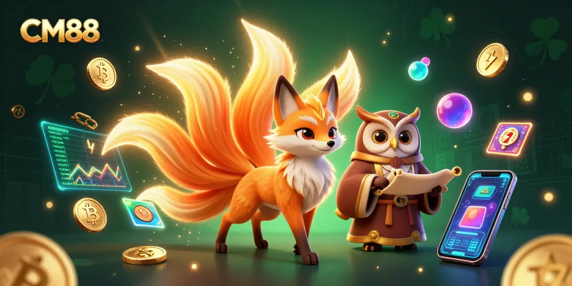 Experience CM88 with vibrant 3D characters amidst glowing coins and slot reels in an exciting casino atmosphere.