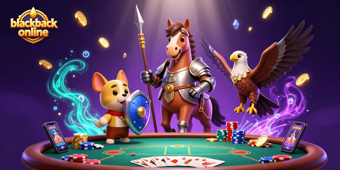 Experience blackjack online action with a knight, puppy, and falcon surrounded by colorful casino elements.