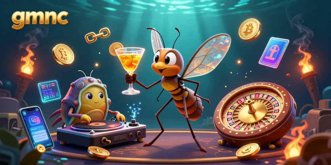 Experience gaming with gmnc as a vibrant 3D casino scene featuring a unique amber mosquito mascot.