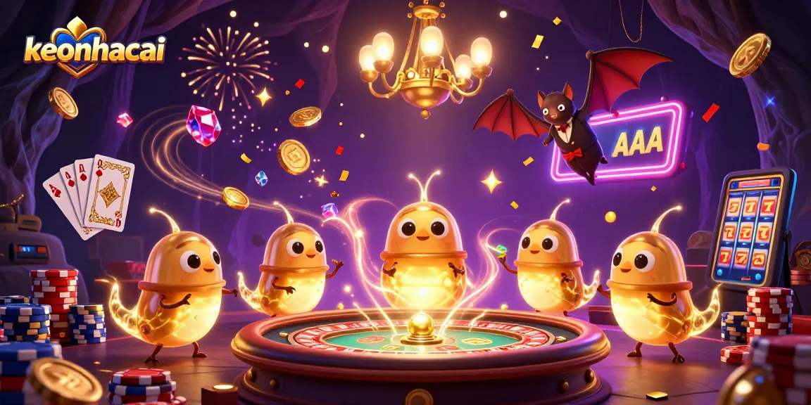 Experience keonhacai's vibrant casino scene with glowworms and sparkling gems lighting up the game.