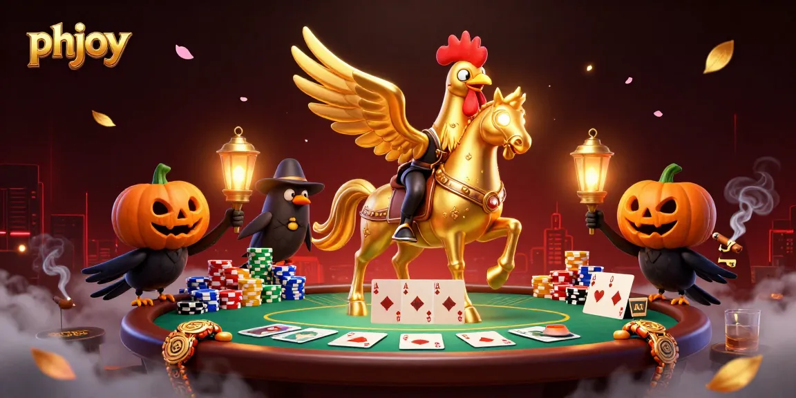 Experience thrilling games at phjoy with a golden rooster and crow companions in a vibrant casino scene.