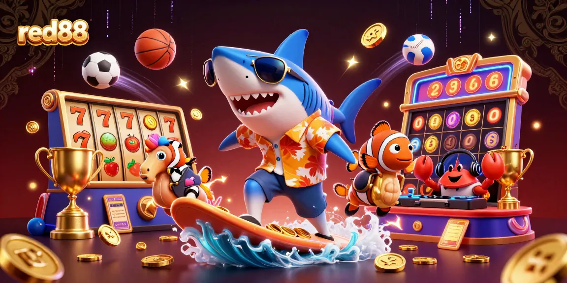 Engage with red88's thrilling gaming scene featuring vibrant casino elements and characters.