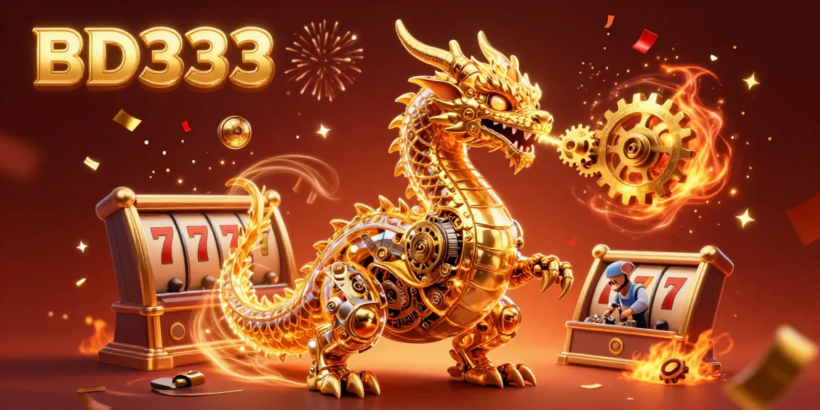 Experience thrilling casino gameplay with BD333, featuring a golden dragon, slot reels, and vibrant fireworks.