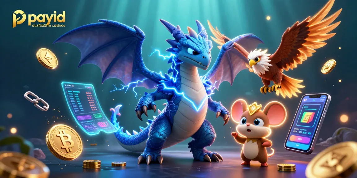 Engage with payid australian casinos in a vibrant 3D illustration featuring dynamic characters and cryptocurrency elements.